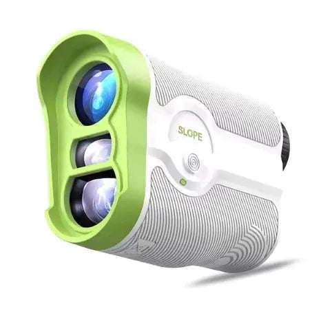 White Golf Laser Rangefinder with LCD display for measuring distances up to 600 meters on golf courses and water