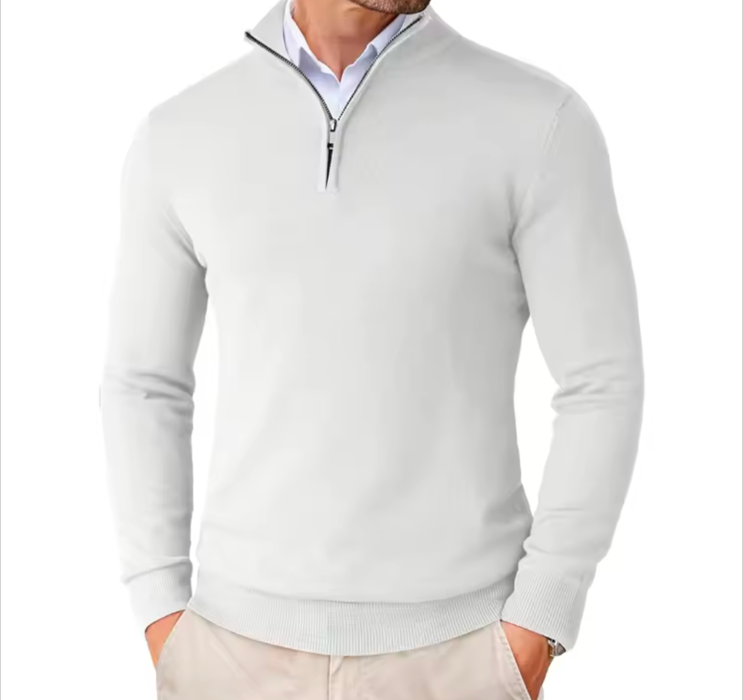 Beige Men's Heritage Quarter-Zip Slim Fit Pullover on a mannequin