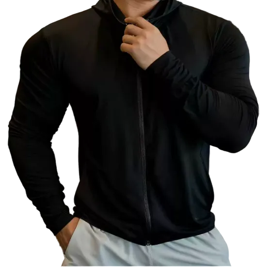 Lightweight hooded golf jacket with full zipper, UV protection, and breathable polyester fabric for active wear