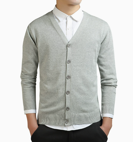 Man wearing GolfThing Classic V Neck Cardigan in casual outdoor setting