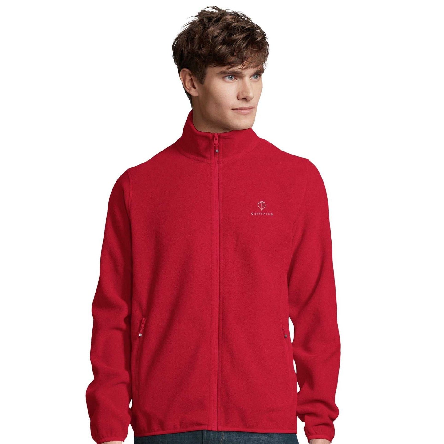 Red Men's GolfThing eco-friendly fleece jacket made from recycled polyester with full zip and front pockets