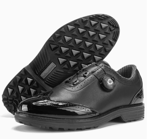 GolfThing Classic Brogue laceless spikeless golf shoes with black trim and white leather panels