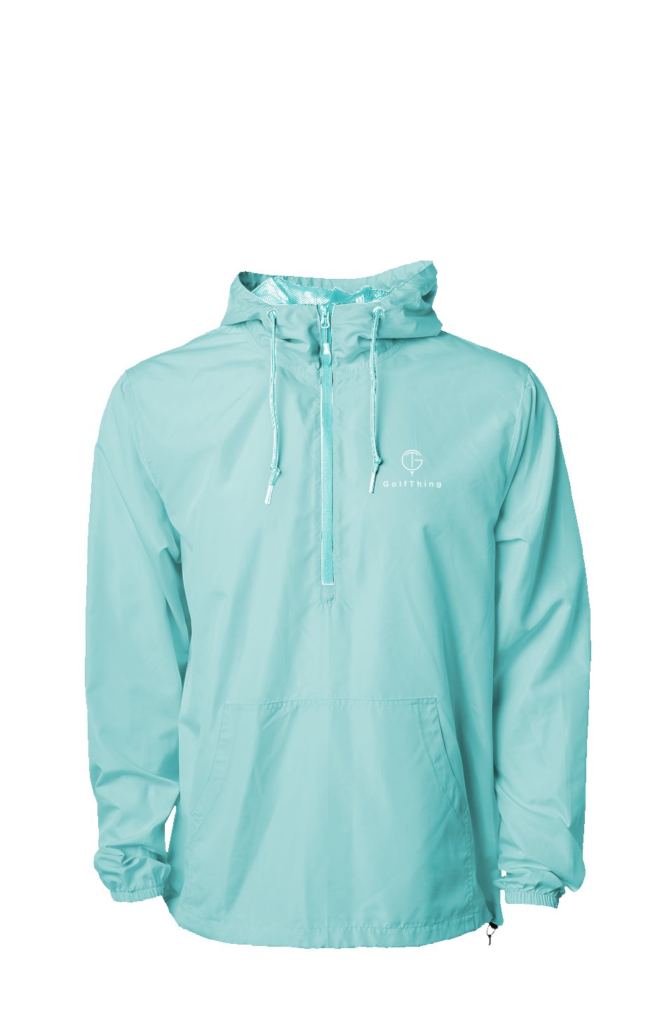 Light blue GolfThing lightweight golf windbreaker with front pouch and mesh-lined hood