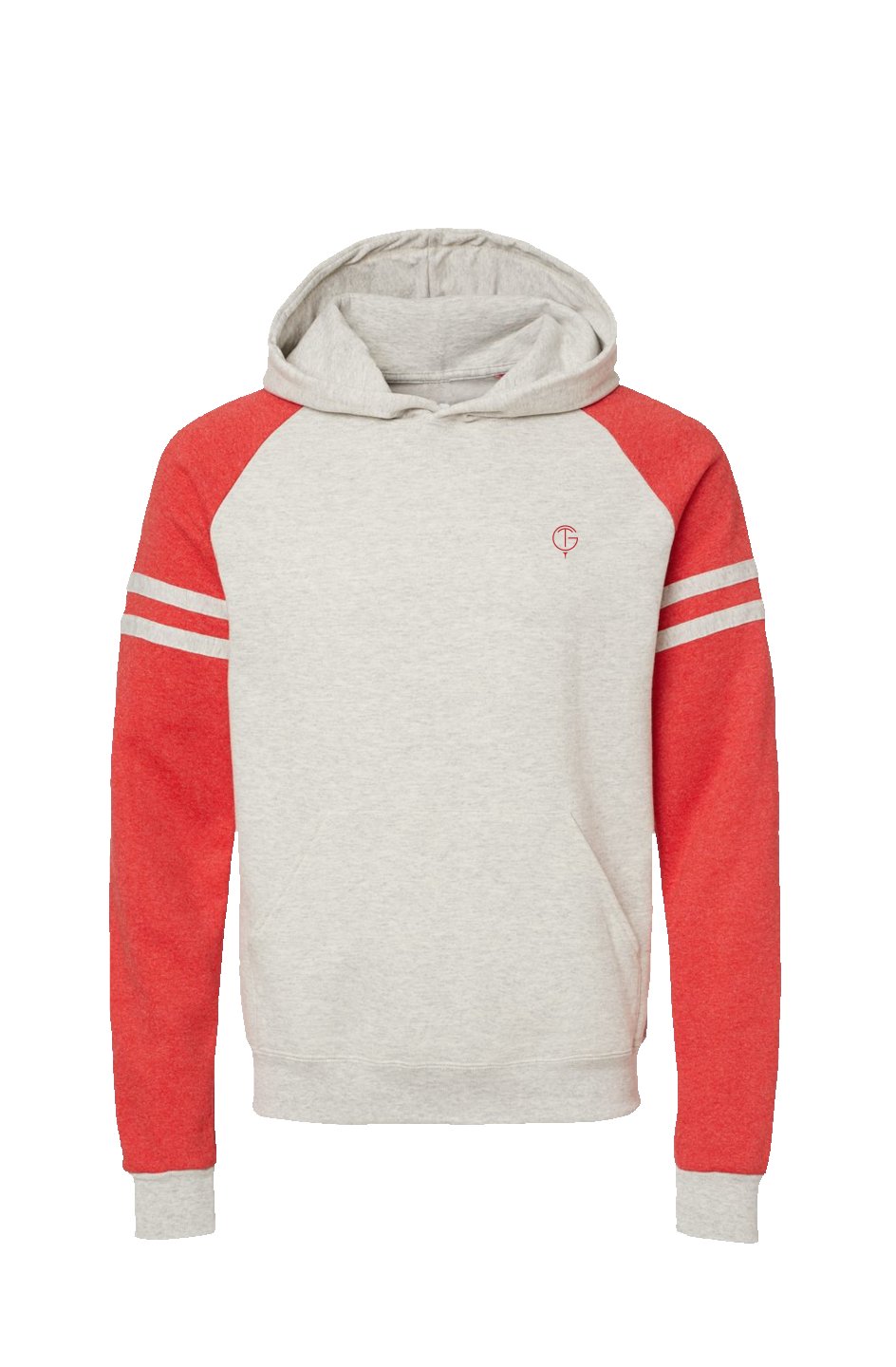 GolfThing LinksPro grey red varsity golf hoodie with contrast sleeves and front pouch pocket