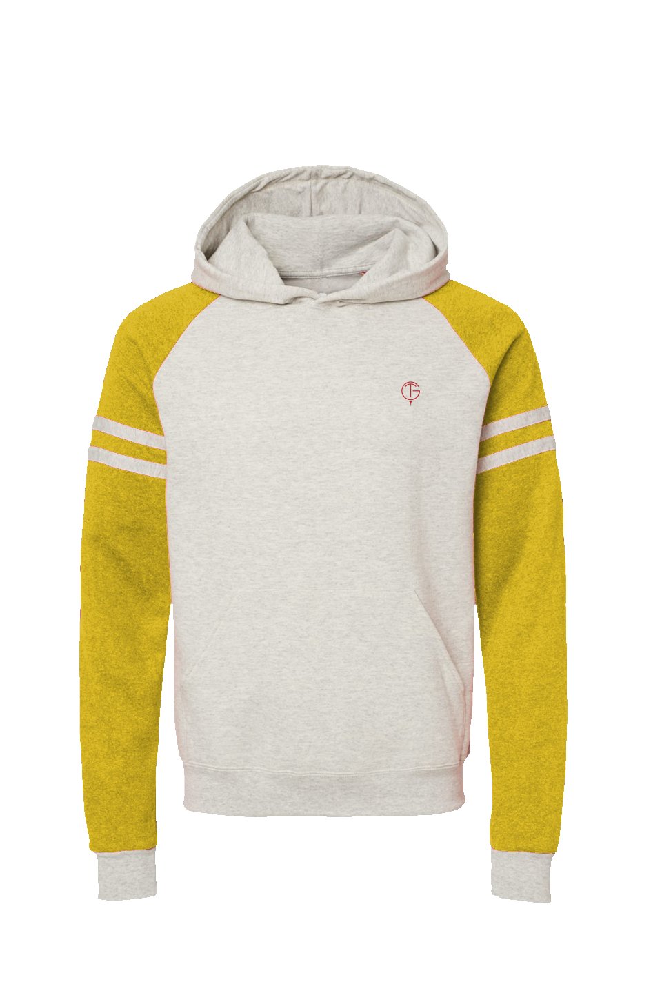 GolfThing LinksPro grey mustard golf hoodie with varsity-style stripes and front pouch pocket