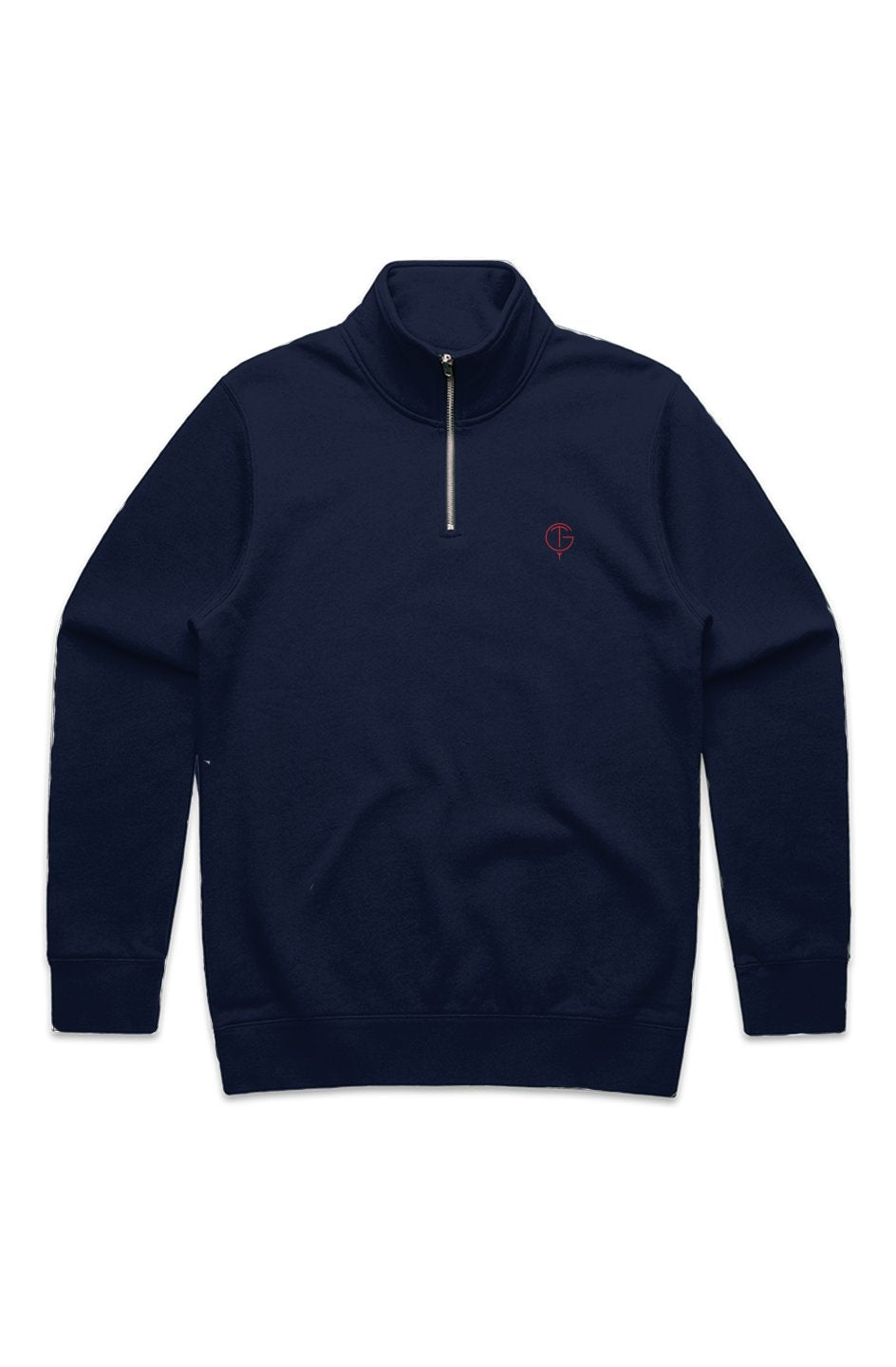 GolfThing Links navy red golf half zip sweater with stencil pattern and silver zipper