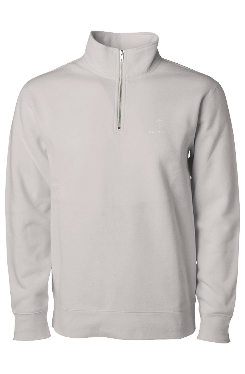 A light grey quarter-zip golf jumper with a GolfThing logo against a white background.