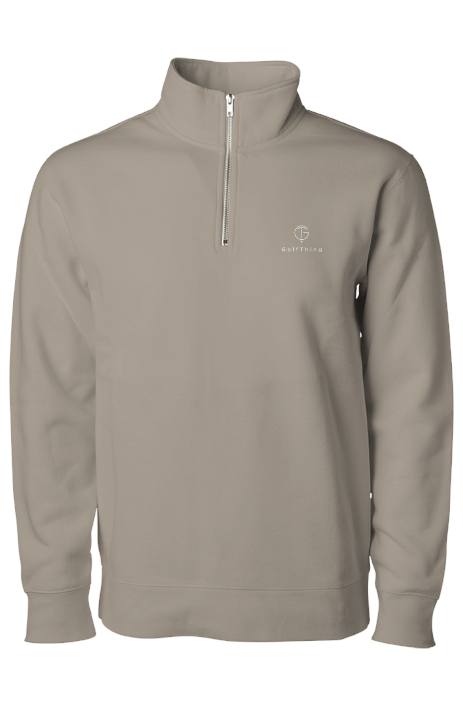 A cement coloured quarter-zip golf jumper with a GolfThing logo against a white background.