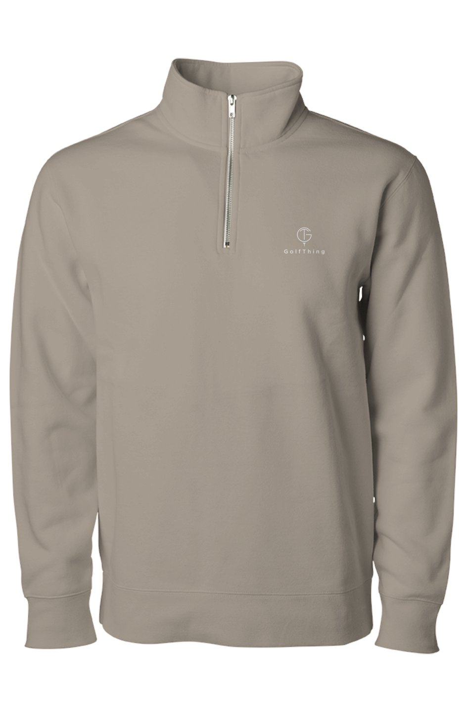 A cement coloured quarter-zip golf jumper with a GolfThing logo against a white background.