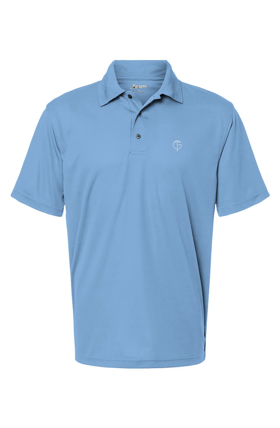 Light blue GolfThing DriFit golf polo shirt with breathable mini mesh fabric and UPF 30 protection