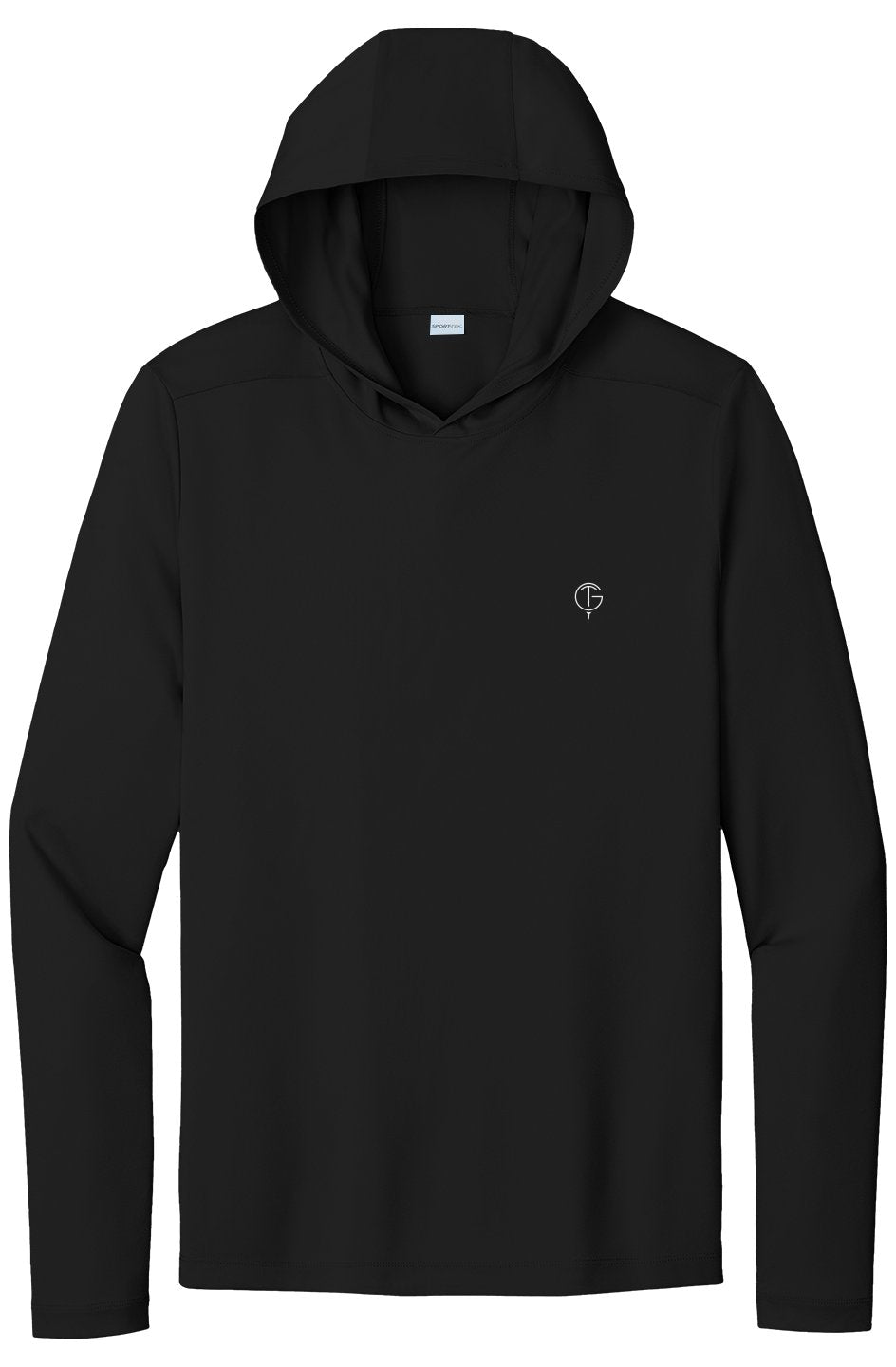 GolfThing 360° Stretch Performance Golf Hoodies size chart with moisture-wicking, UV protection, and breathable fabric features