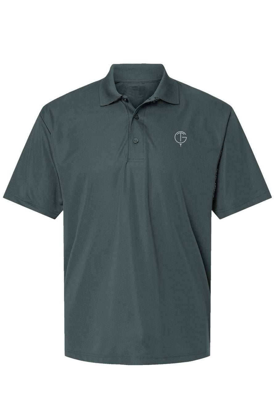 GolfThing 360° Tech-Stretch Polo size chart with premium moisture-wicking, UPF 30 protection, and snag-resistant technology benefits