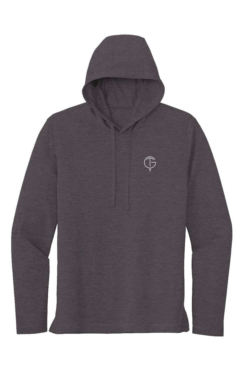 Sport Tek Long Sleeve Hoodie in dark grey tri-blend fabric with a minimalist logo on the chest and a drawstring hood.
