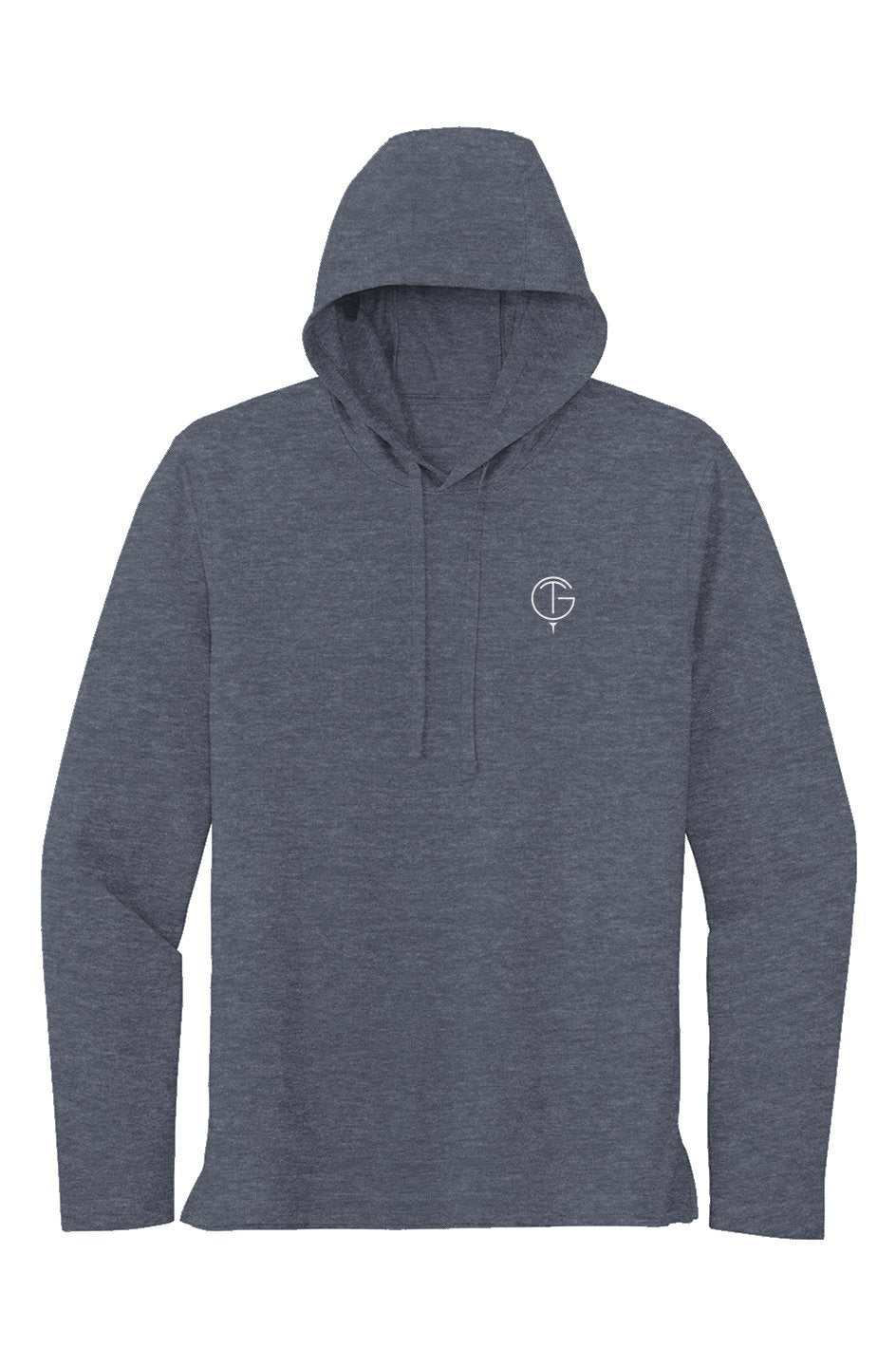 Lightweight heathered blue Sport Tek Long Sleeve Hoodie with a front kangaroo pouch pocket and subtle logo on chest.