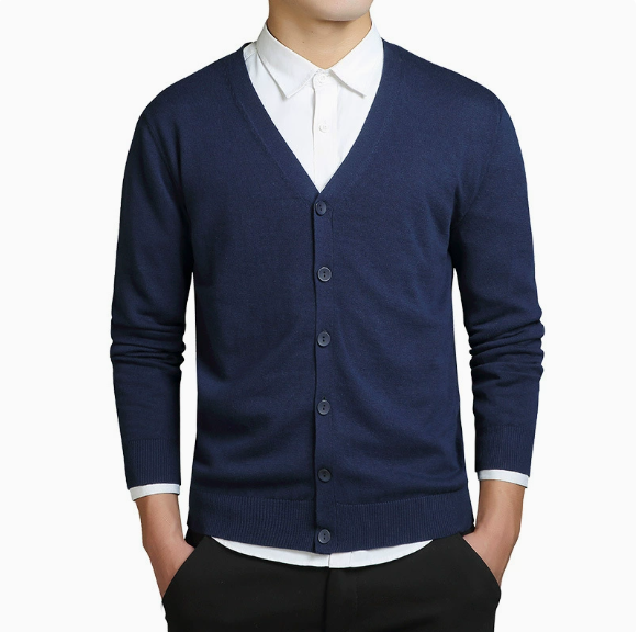 GolfThing Classic V Neck Cardigan in navy blue, styled casually over a white shirt