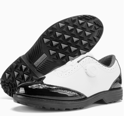 GolfThing Classic Brogue spikeless golf shoes with laceless twist-dial closure and genuine leather upper