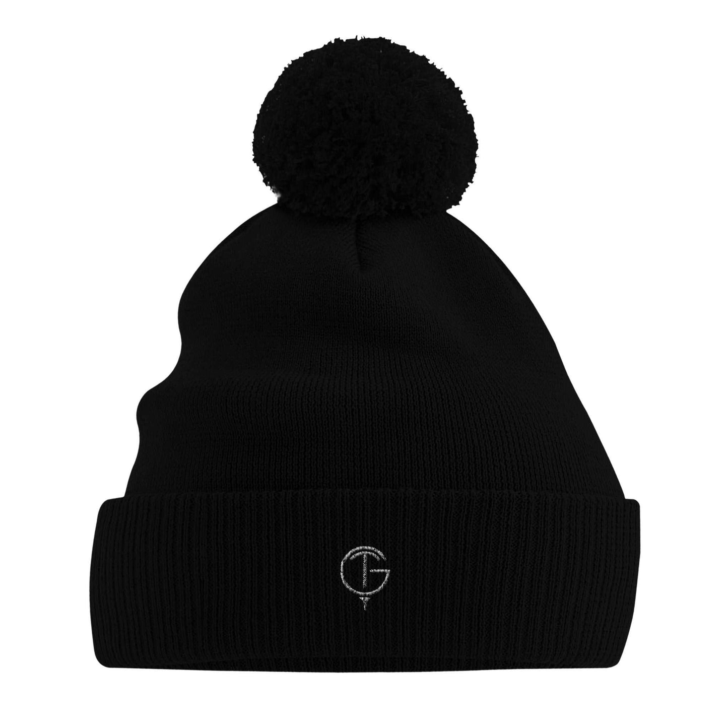 Black eco-friendly bobble hat made from organic cotton with ribbed cuff and pom pom, designed for warmth and style.