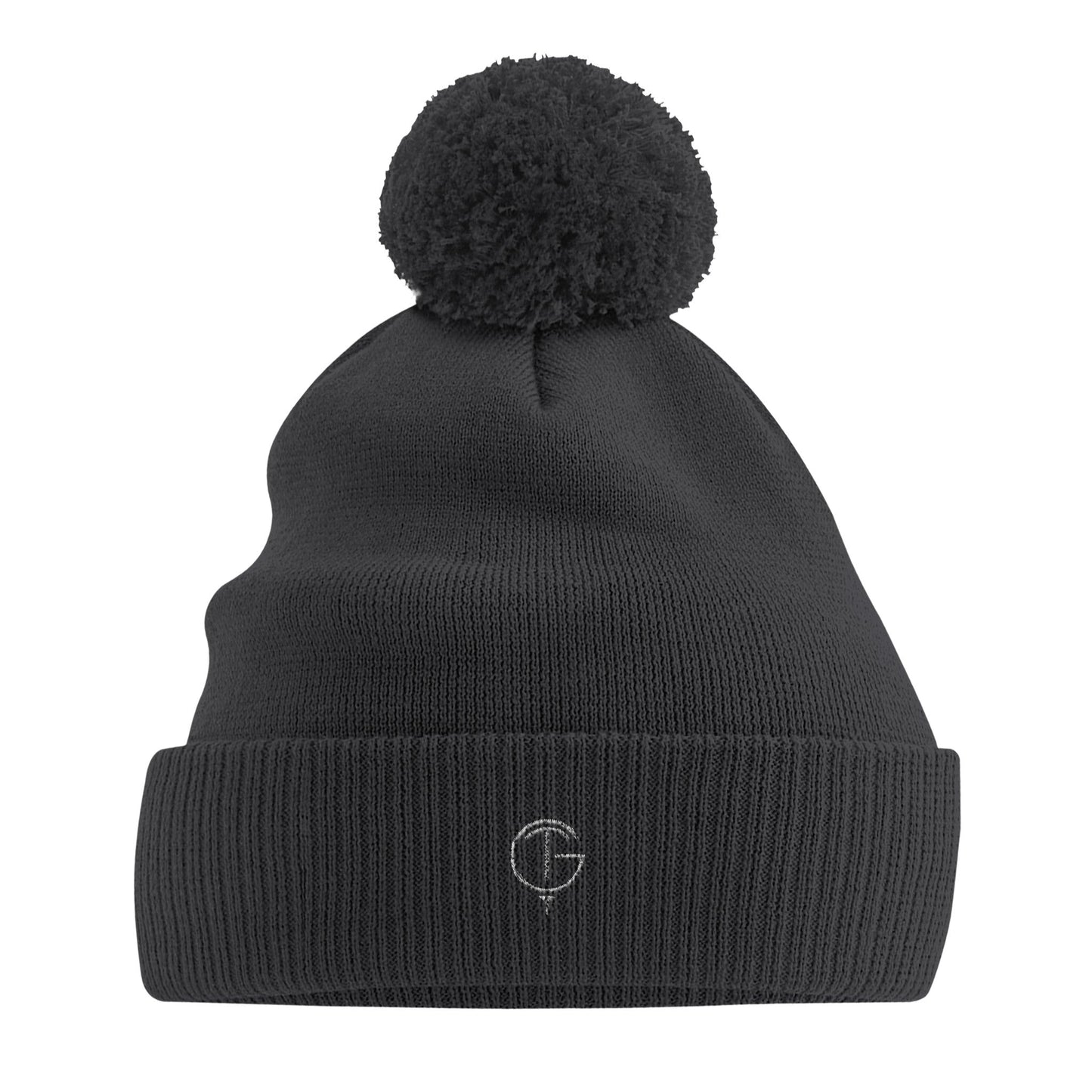 Graphite grey eco-friendly bobble hat made of organic cotton with ribbed cuff and pom pom, stylish and warm golf beanie