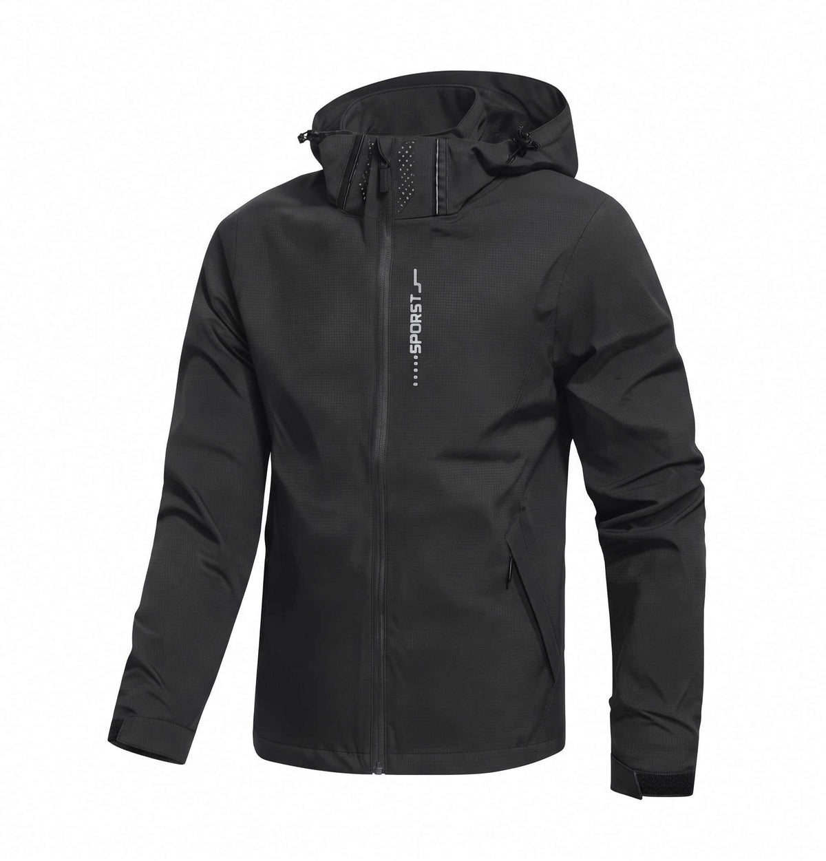 Black golf jacket with a brand logo on a white background