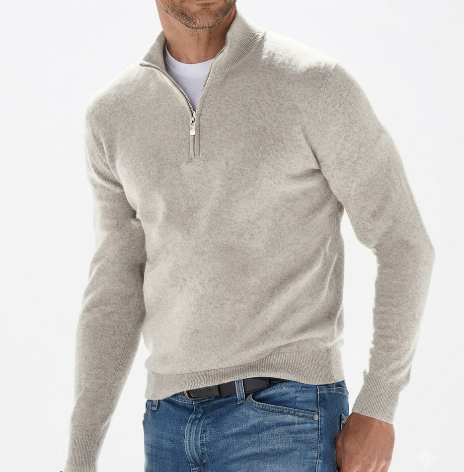 Lightweight GolfThing Costello golf jumper with quarter zip, technical knit fabric, ribbed cuffs, and slim athletic fit for men