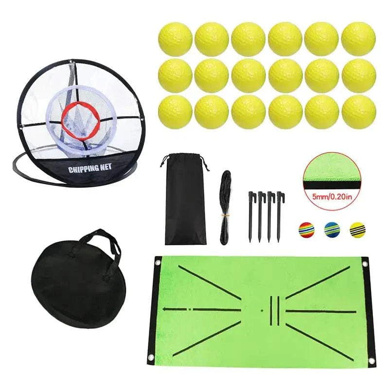 Golf chipping net with 18 foam balls and practice mat for improving short game indoors and outdoors