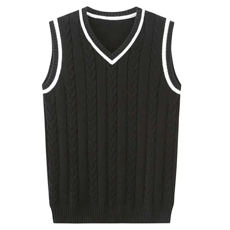 Black men's golf knitted sweater vest with V-neck and cable knit design