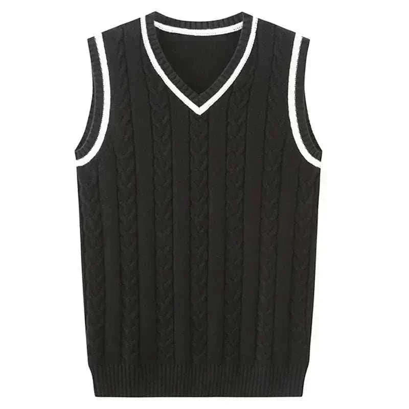 Black men's golf knitted sweater vest with V-neck and cable knit design