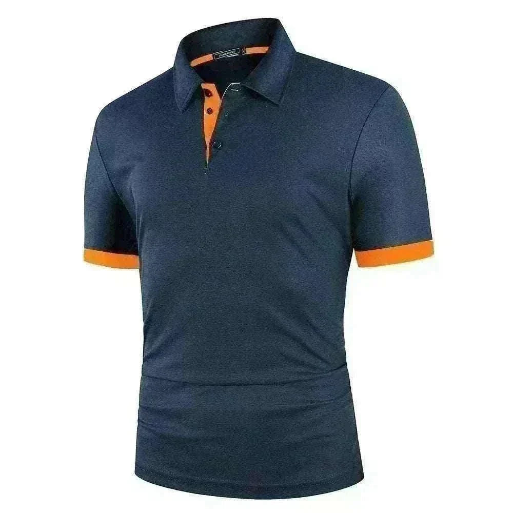Golf polo shirt in navy blue polyester with orange collar placket and sleeve cuff trim, classic short sleeves and collar.