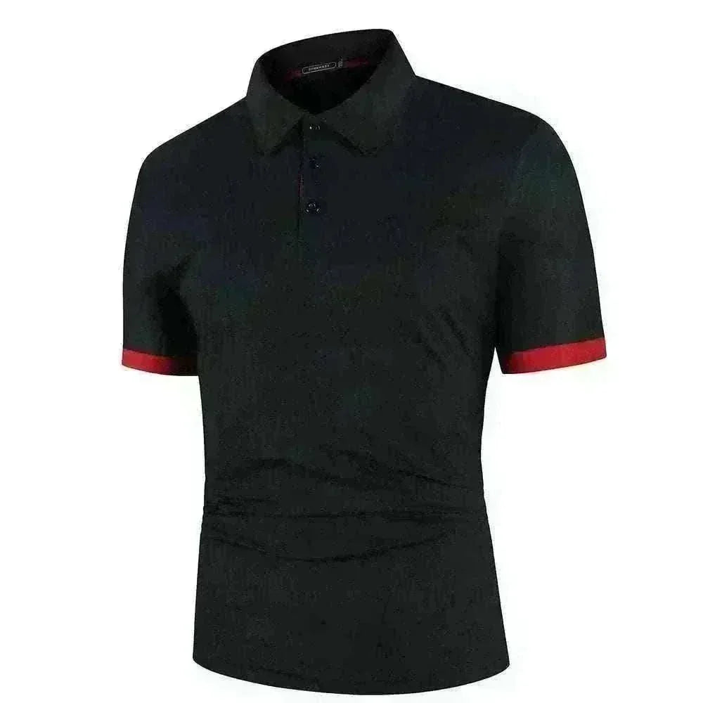 Golf polo shirt in black polyester with a subtle textured pattern, classic collar, and red sleeve cuff trim.