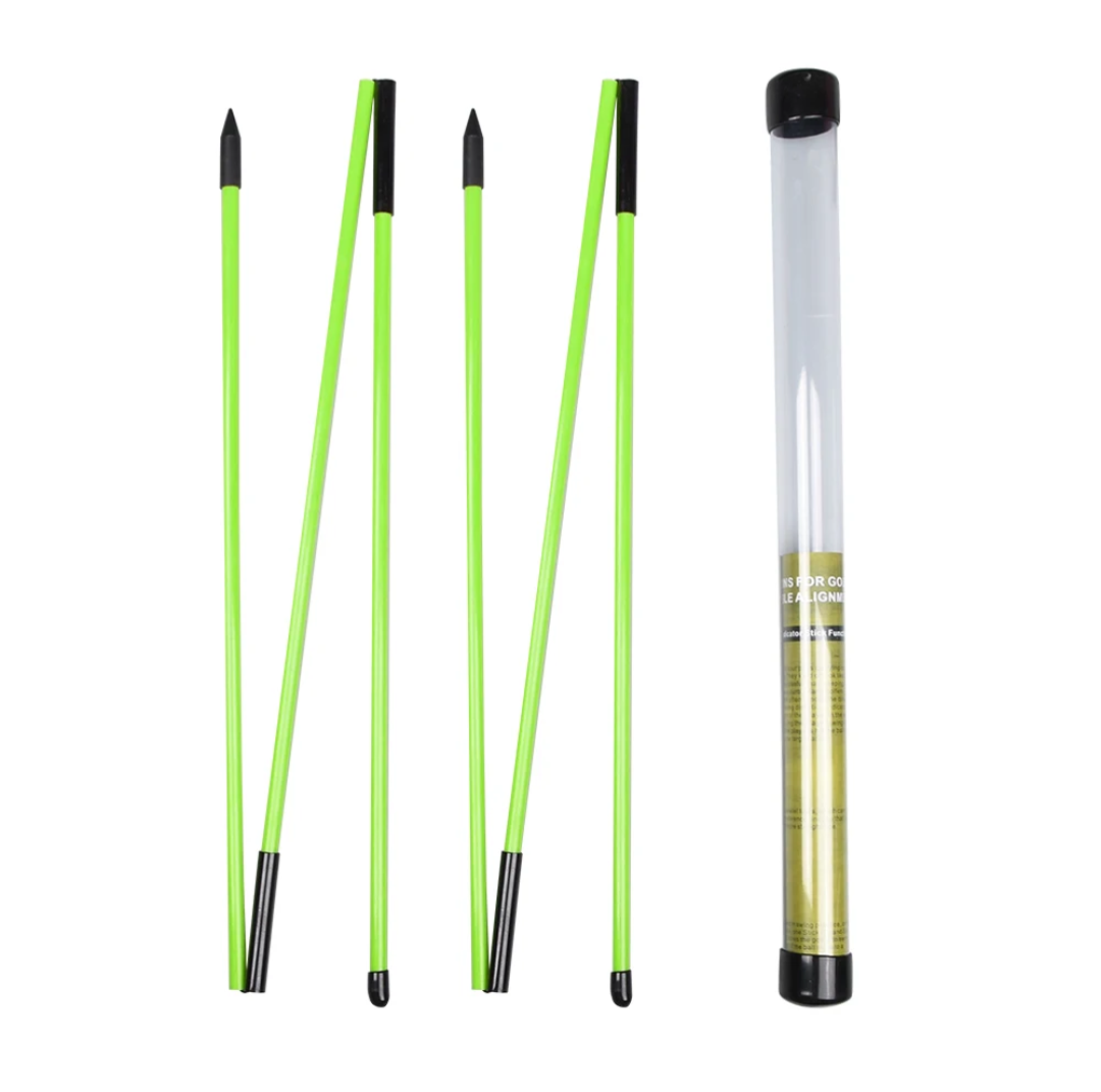 Two green collapsible golf alignment sticks for golf practice and training