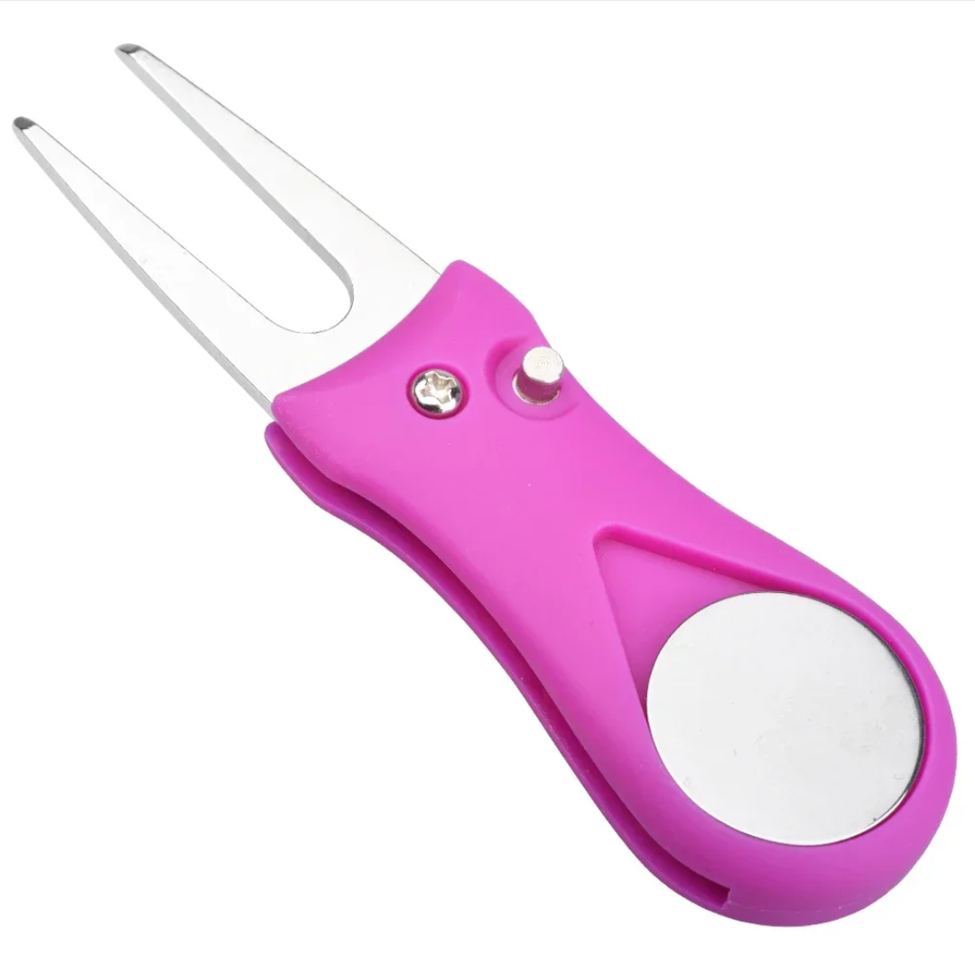 Purple foldable pitch mark repairer with magnetic ball marker and pop-up button on a white background