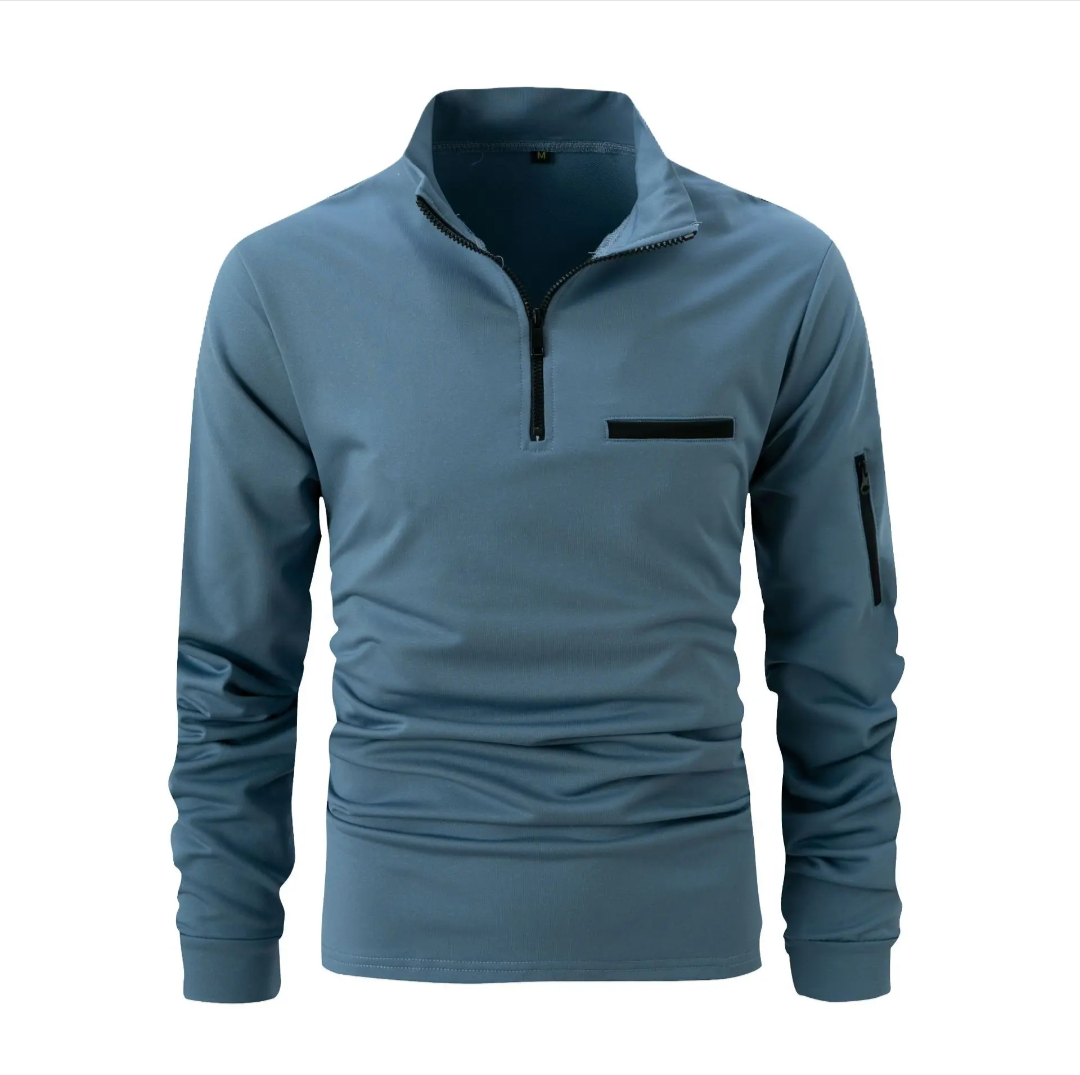 Men's GolfThing navy slim fit half zip pullover with collared neck and chest pocket
