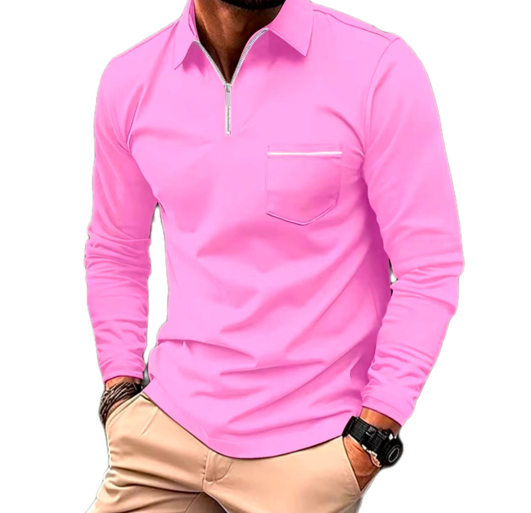 Men's slim pink quarter-zip golf sweater with chest pocket and tailored fit