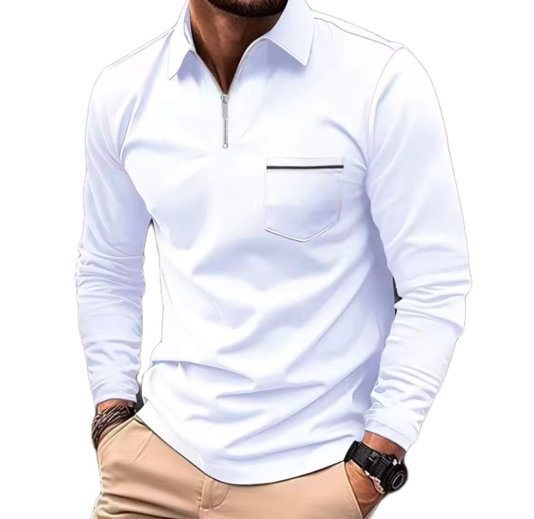 Men's Slim Quarter-Zip Golf Sweater in white with chest pocket and modern fit
