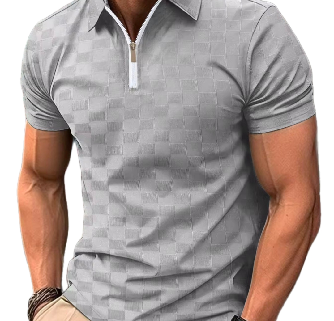 Men wearing Hybrid Aero-Grid Quarter-Zip Polo Shirt with checkered pattern on golf course