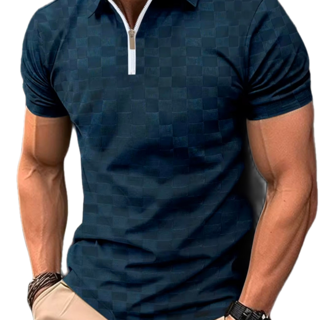 Men wearing Hybrid Aero-Grid Quarter-Zip Polo Shirt with checkered pattern playing golf outdoors
