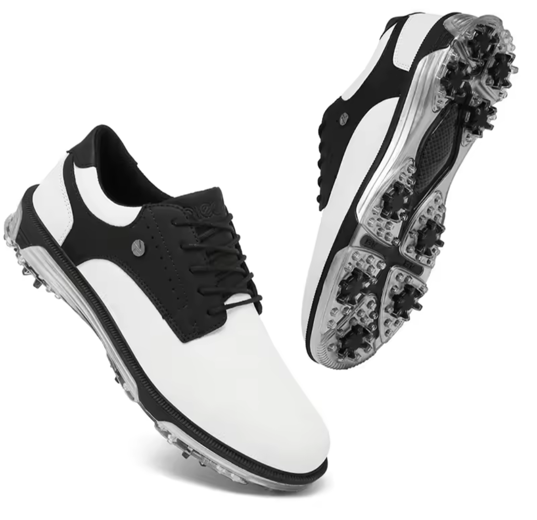 Men's GolfThing waterproof soft spike golf shoes in black and white for maximum traction and comfort
