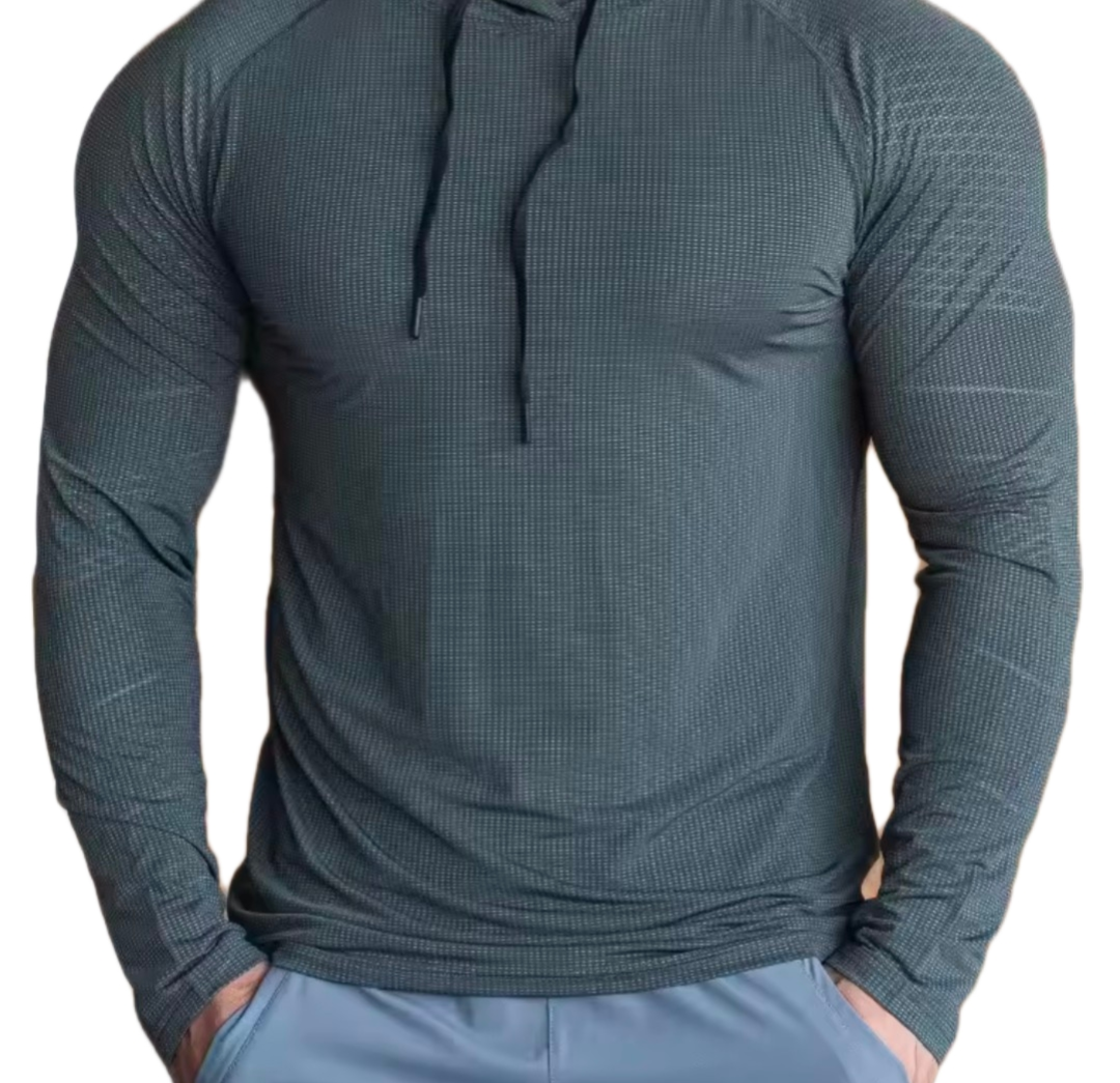 Slim fit green GolfThing golf hoodie with hood and drawstrings designed for athletic performance and thermal regulation