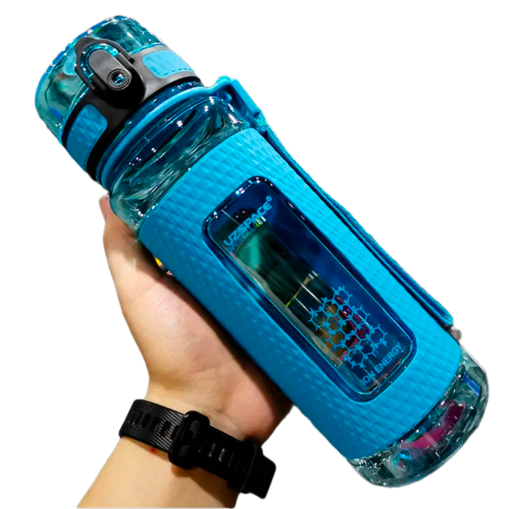 Blue shatter-resistant GolfThing golf water bottle with protective cap and wrist strap.