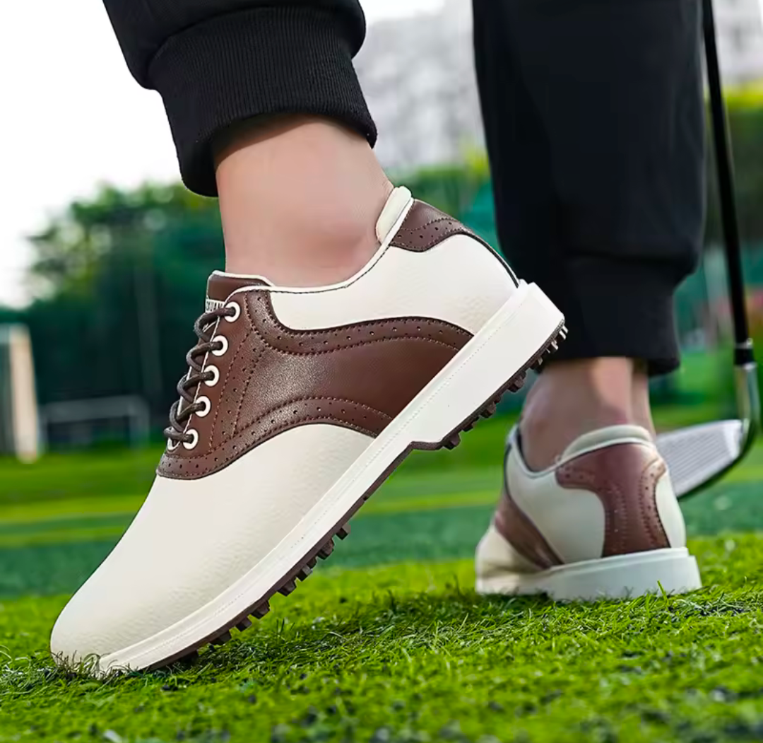 GolfThing Classic Golf Shoes - Soft Sole White & Brown