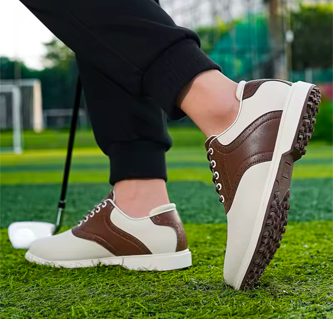 GolfThing Classic Golf Shoes - Soft Sole White & Brown