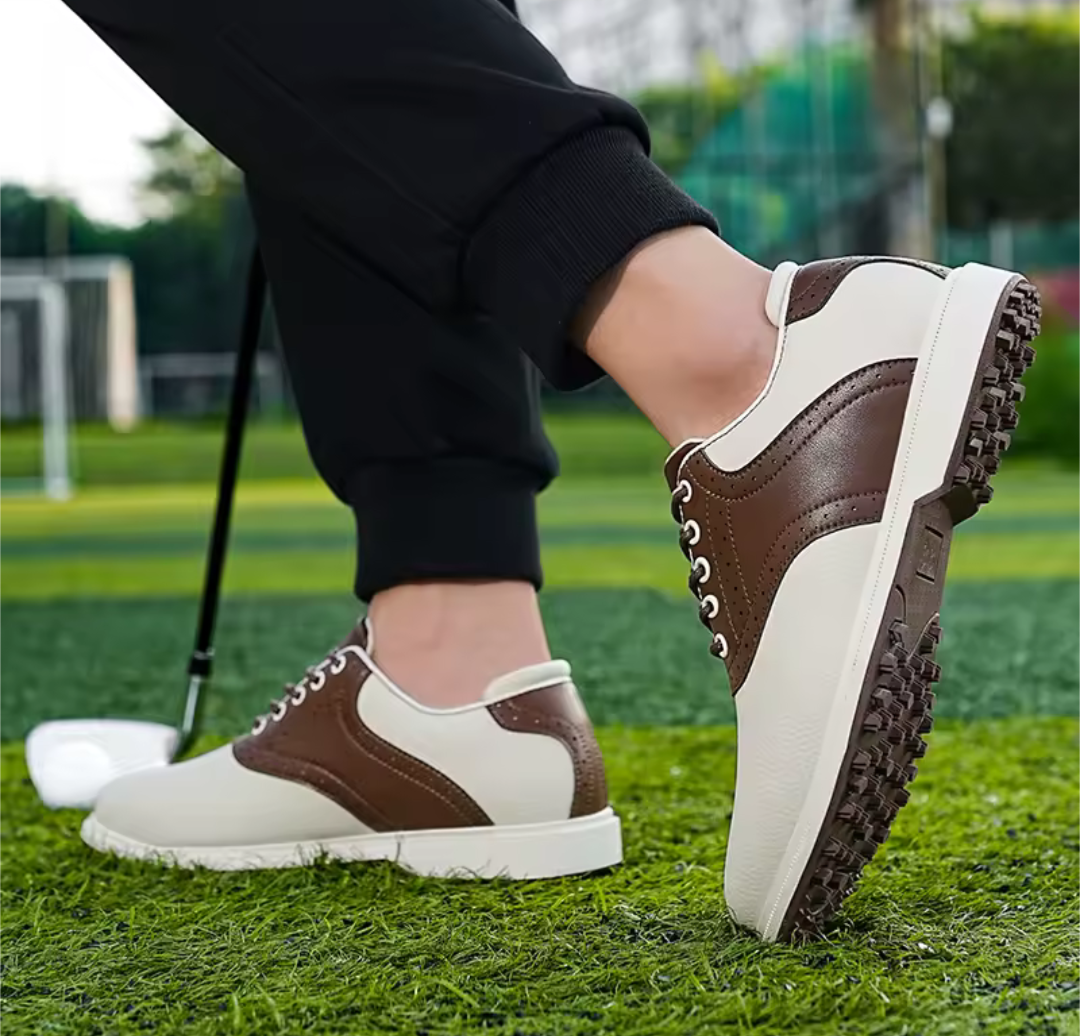 GolfThing Brogue Spikeless Golf Shoes with classic brogue design and durable rubber outsole for stable grip