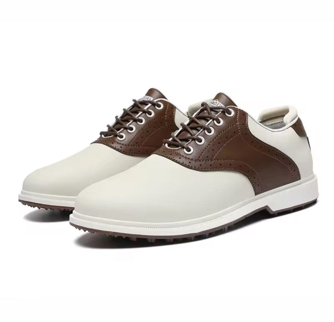 GolfThing Classic Golf Shoes - Soft Sole White & Brown