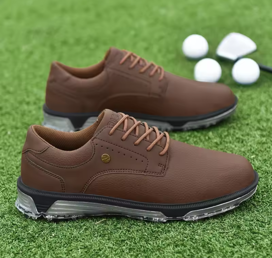 GolfThing Men's Premium Waterproof Golf Shoes - Brown Golf Shoes With Soft Spikes