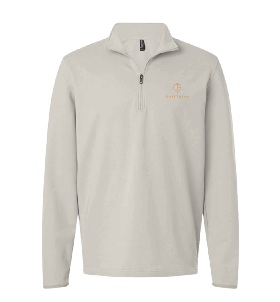 GolfThing Signature Zip sweater size chart image with product features and benefits for golfers