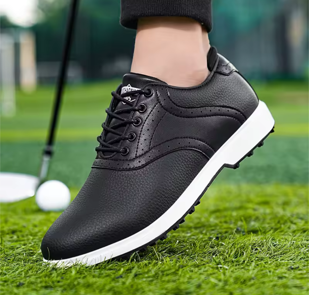 Black men's classic brogue spikeless golf shoes with leather upper and water-resistant design