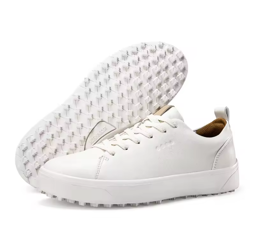 Men's white GolfThing Golf Trainer golf shoe with breathable mesh upper and spikeless sole