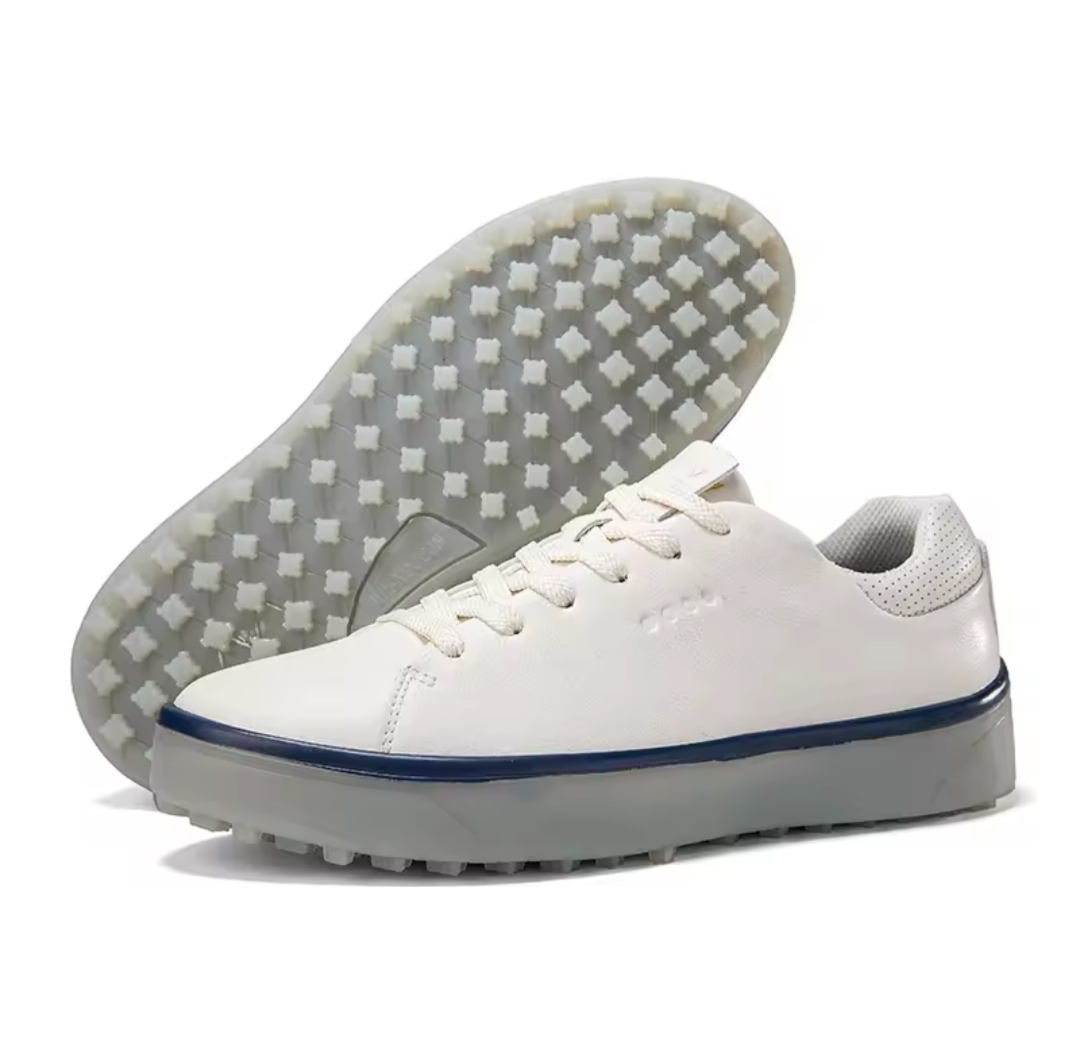 Men's white and navy GolfThing Golf Trainer shoe with breathable mesh and spikeless sole