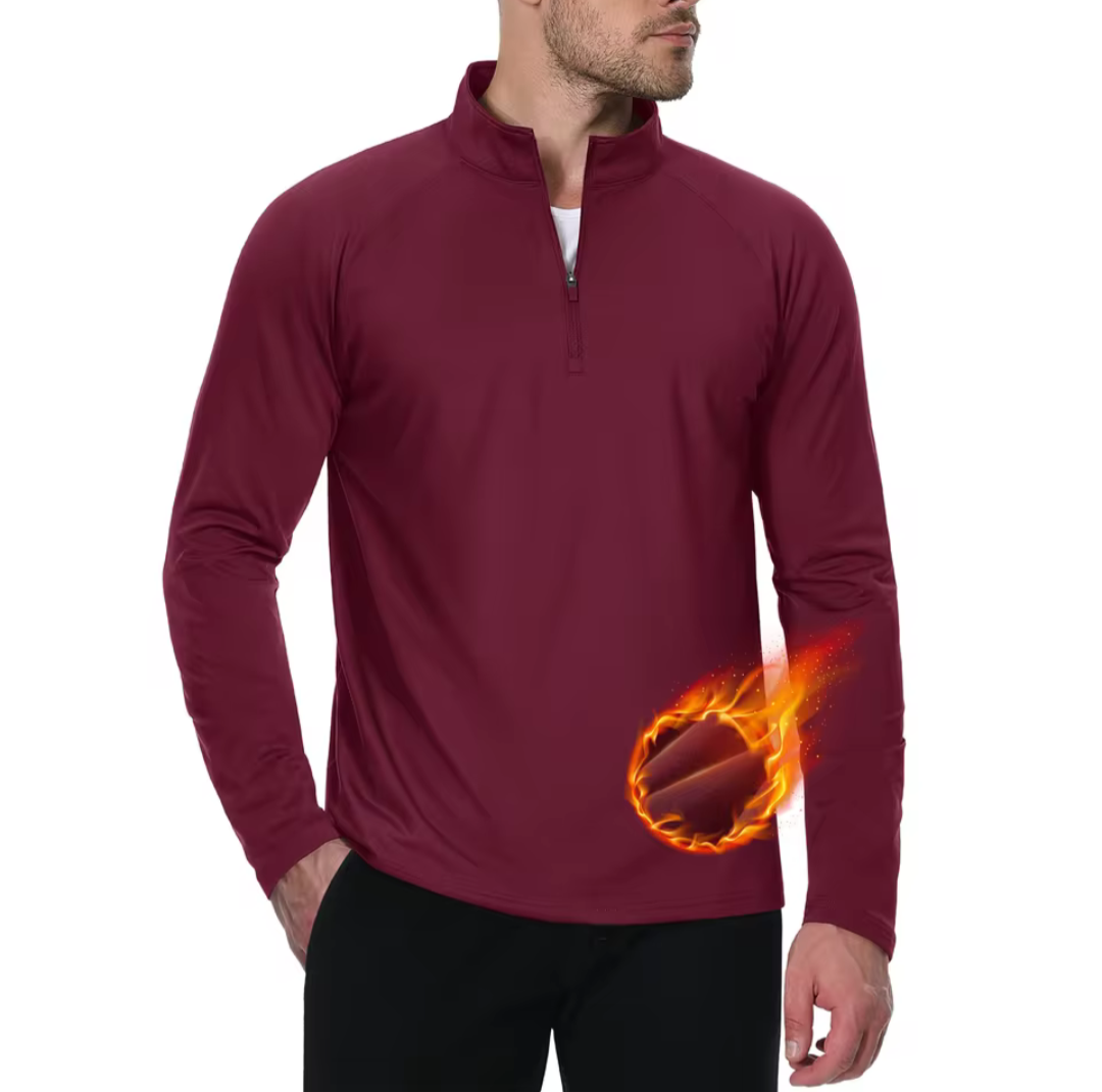 Dark red GolfThing Moisture Wick quarter zip thermal golf sweater designed for warmth and moisture-wicking
