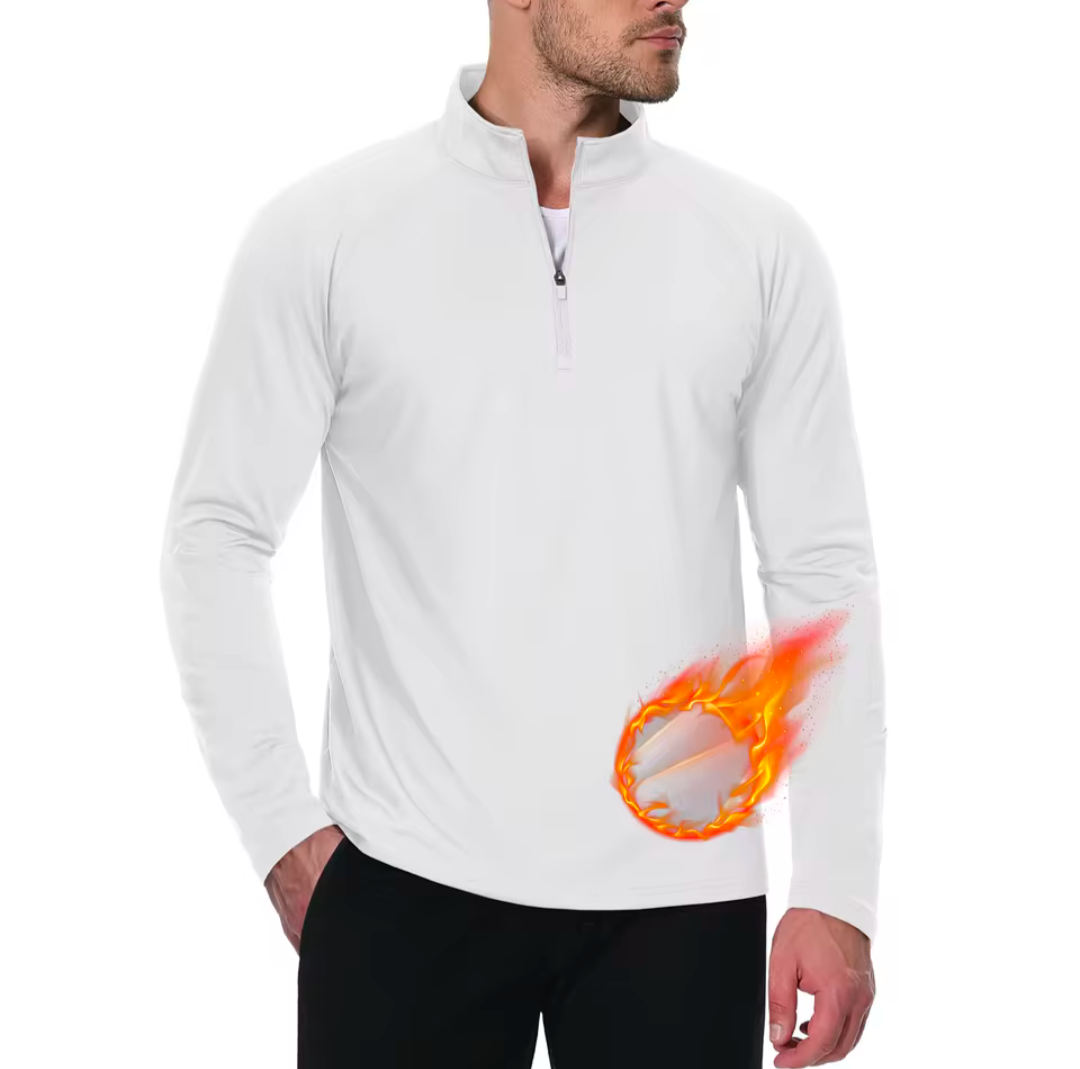 White GolfThing Moisture Wick Quarter Zip thermal golf sweater with moisture-wicking and stretch fabric